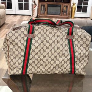 Vintage Gucci Monogram
Canvas Duffle Bag Green Red Web Stripe  Authentic
